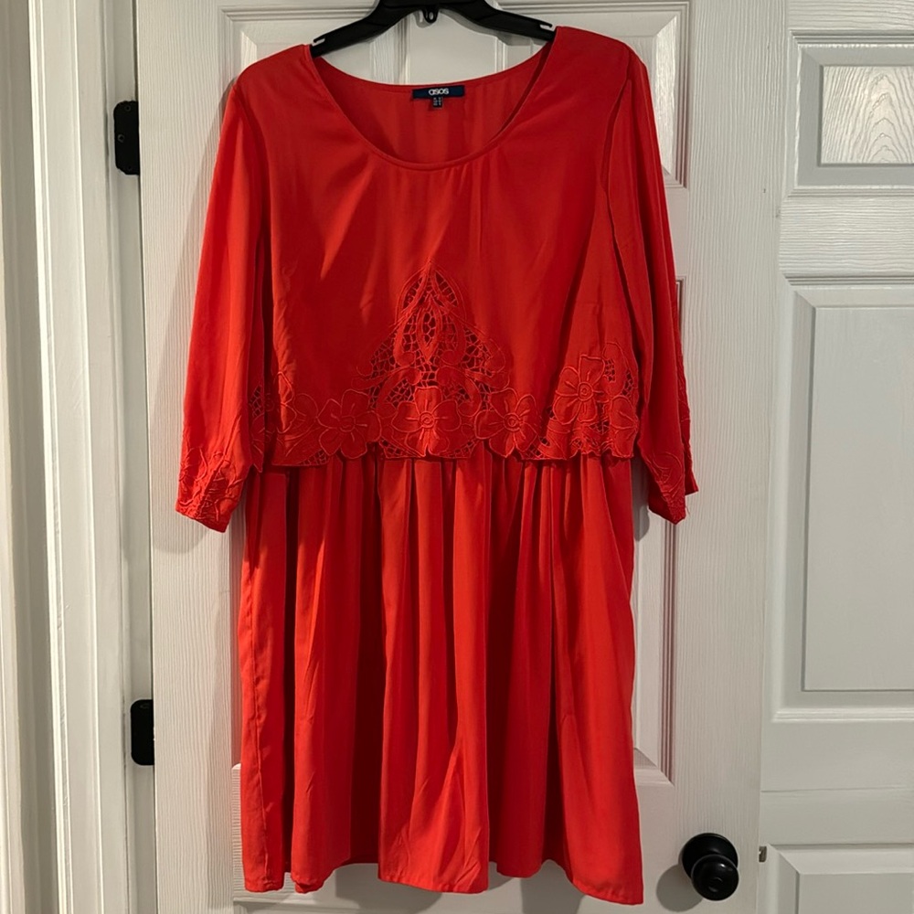 Asos Size 18 Orange Dress with Stitched Floral Pattern